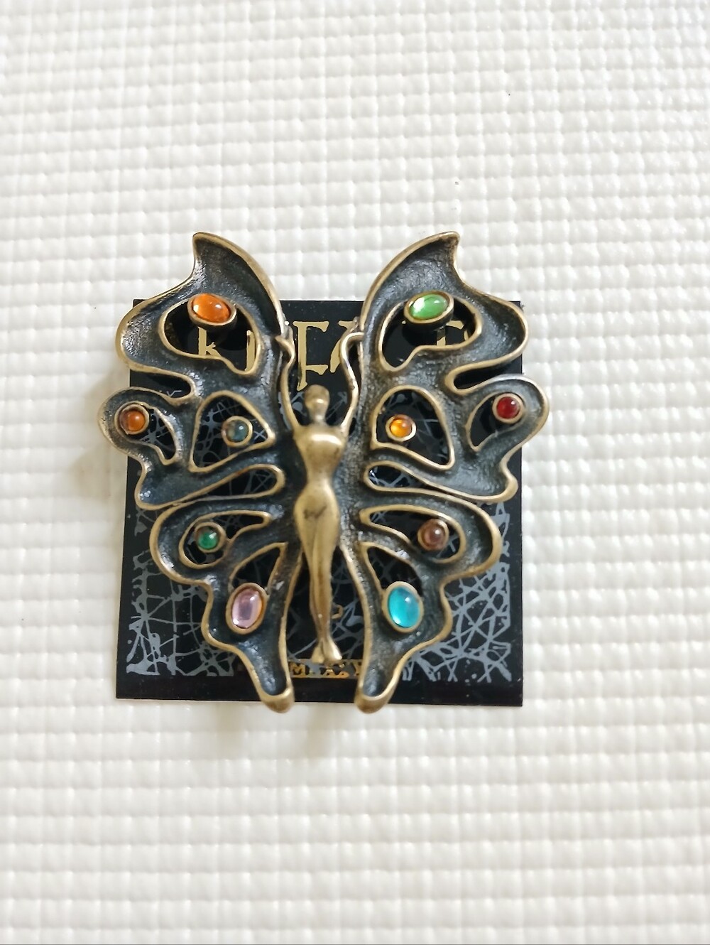 Vintage JJ gold bronze jewel cabs Butterfly woman, Art Nuvo style brooch, new - Picture 4 of 5